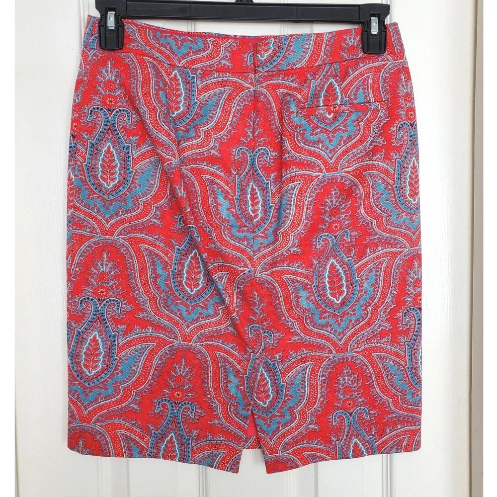 J.Crew No. 2 Pencil Skirt Red Blue Paisley Print Cotton Stretch Office 4